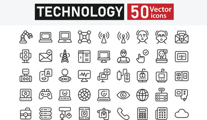 Collection of 50 Line Icons Representing Technology, Devices, Communication, and Innovation – Editable Stroke Vector Illustration