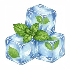 A watercolor illustration shows three translucent ice cubes with mint leaves frozen inside, topped fresh sprig of mint, all  against pure white backdrop.summer mood