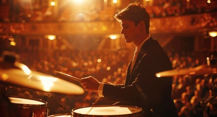 The performer attentively adjusts the drumhead in the concert hall, with soft background lighting and a gentle audience