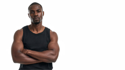 Muscular black athlete standing confidently with arms crossed against a transparent background, exuding strength, determination, and athleticism through his powerful physique