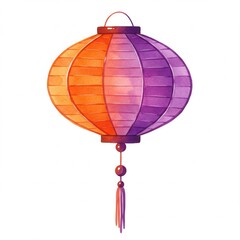A decorative lantern in watercolor style is bisected into orange and purple halves, completed with matching beaded tassel handle, all displayed against white backdrop.