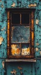 Naklejka premium Rusty Window on a Weathered Teal Wall Vintage Architectural Detail