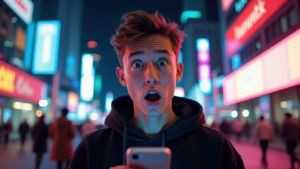 Un hombre con capucha reacciona con sorpresa, fondo nocturno urbano iluminado con neón, el brillo del teléfono inteligente se refleja en su rostro sorprendido