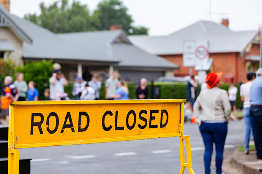 Road closed sign blocking of street for ANZAC day parade march