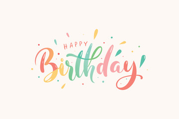 Colorful happy birthday hand lettering with scattered decorative elements in pastel colors