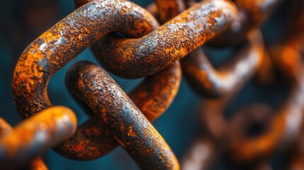 Close up view of a tangled network of weathered rusted metal chains against a dark industrial background