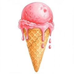 A delightful watercolor painting depicts single scoop of pink ice cream melting down crisp, light brown waffle cone on an unblemished white backdrop.summer mood