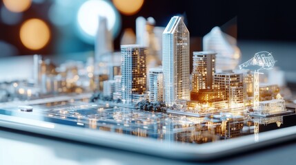 A digital of a vibrant futuristic cityscape featuring a skyline of modern glass clad skyscrapers and high rise buildings illuminated at night