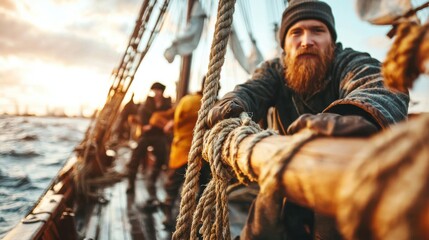 A group of rugged experienced sailors working together to ready their vintage sailing ship for an adventurous journey across the open ocean