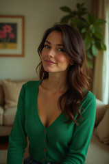 A woman wearing a green sweater sits comfortably on a couch, ready for relaxation