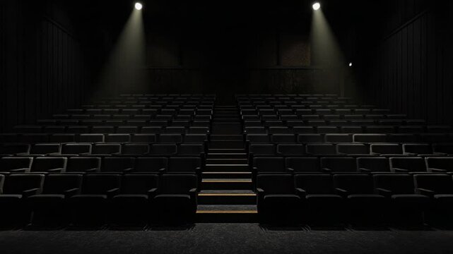 Empty theater auditorium with dark seating and illuminated stairs, creating a dramatic atmosphere