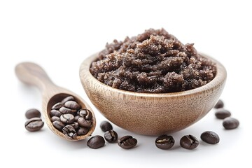 A wooden bowl filled with coffee scrub next to a spoon full of coffee beans on a white background