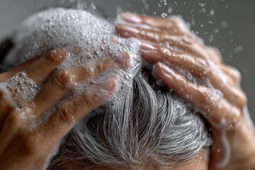 Close-up of mature hands massaging white shampoo foam into wet silver-gray hair, visible strands and bubbles, glossy texture, soft light, high realism.