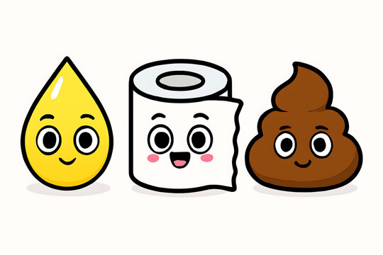 Cute poop, pee, toilet paper characters for potty training design. Vector clip art illustration set.