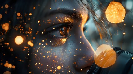 A photographer is focused on capturing moments outdoors, with the reflection of the lens and the surrounding light spots mapping out the concentration in seizing the instant