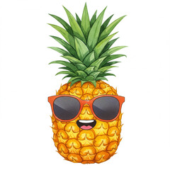 A cheerful pineapple character with spiky green leaves sports orange-framed sunglasses and happy open mouth, bringing touch of tropical fun to the white background.watercolor