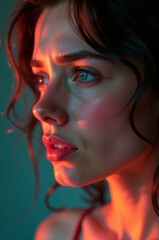 Close-up of a woman's face illuminated by a red light, suitable for use in dramatic or romantic contexts