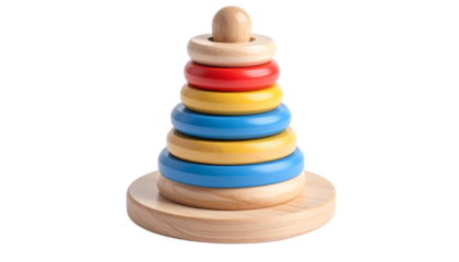 A colorful wooden ring stacker toy with different sized rings isolated on solid white background in Png format