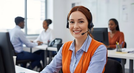 An eye-level shot of a smiling customer service representative wearing a headset in the modern office environment, fostering a sense of trust and reliability.