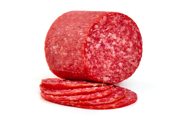 Salami Sliced Stacked, isolated on White Background