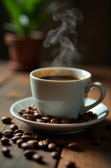 A person's morning routine starts with a cup of coffee and fresh coffee beans, perfect for office or home use