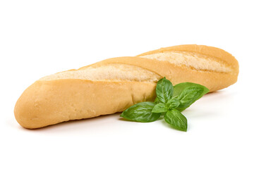 Baguette Bread with Basil Leaves, isolated on White Background