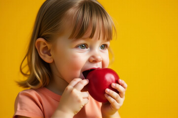 A young girl taking a bite of a juicy red apple