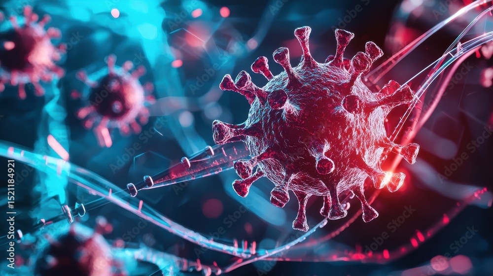 Poster close up microscopic view of a detailed intricate virus structure with elements of cybersecurity and