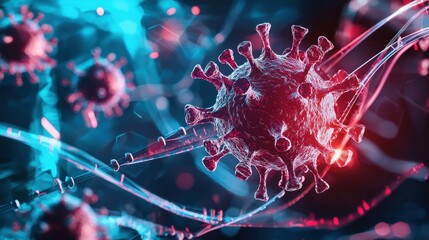 Close up microscopic view of a detailed intricate virus structure with elements of cybersecurity and antivirus software concepts in the background