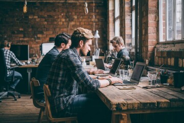 Focused Professionals Working on Laptops in a Cozy Loft Space with Natural Light and Rustic Brick Walls