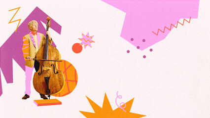 Blonde man playing bass in colorful suit with vivid pink and orange abstract elements on beige...
