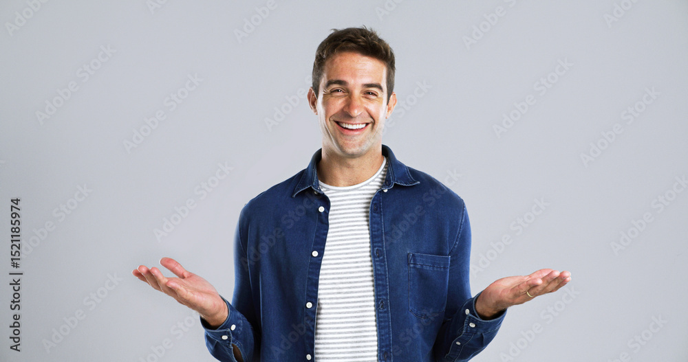 Poster Studio, man and portrait with hands for choice, question and expression with balance for options. Mockup space, male person and happy with gesture for scale, decision and smile in white background