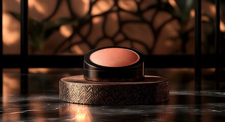 The soft blush powder glimmers under the light, placed on a high-end c4d-style display stand with a dusty texture