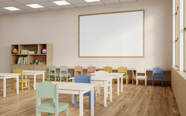 Bright Classroom with Framed Poster and Grid Ceiling Lights – Front View