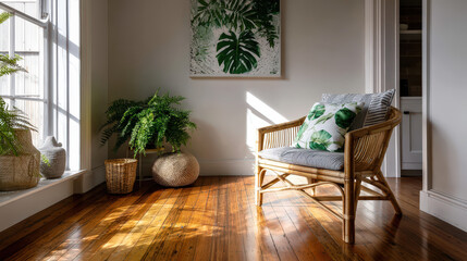 Cozy corner of a room with a bamboo chair and woven cushion, adorned with greenery and natural light for a serene atmosphere