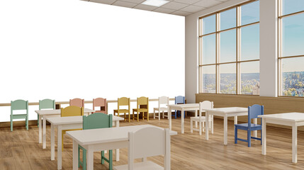 Angled View of Classroom with Colorful Chairs and Large Windows – Transparent Wall Cutout – 3D render
