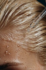 Extreme close-up of slicked-back wet blonde hair with dropper applying serum to scalp. Visible droplets, clean background, soft studio lighting, hyperrealism.