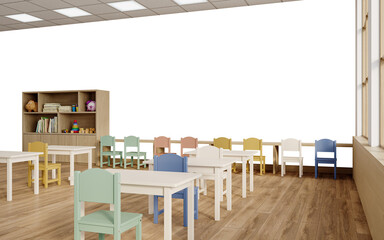 Ceiling View of Kindergarten with Toy Shelf and Colorful Seating – Transparent Wall Cutout – 3D render