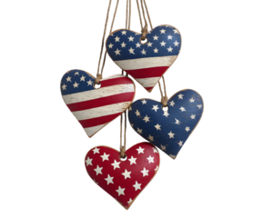 Group of Rustic Patriotic Heart Ornaments with American Flag Designs
