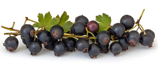 A close up shot of a bunch of dark purple berries with green leaves on a white background surface view