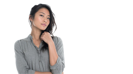 Young asian woman with long dark hair, wearing a casual gray shirt, confidently posing with her hand in her hair against a transparent background for versatile design use