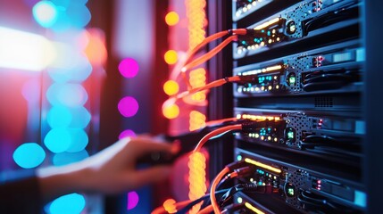 Rack of servers switches and other networking hardware in a brightly lit colorful data center environment