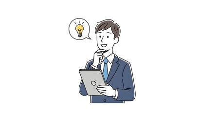 An illustration of a man with idea using digital tablet. The lightbulb symbol above his head represents creativity. This artwork embodies innovation and the spark of a new idea.