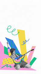 Artistic girl sitting and playing electric guitar with colorful graphic background and playful...