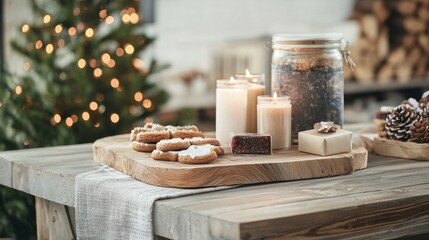 Cozy and inviting rustic wooden table adorned with glowing candles pine cones and other festive holiday a warm and welcoming atmosphere for a seasonal