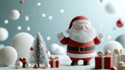 A jolly and iconic Santa Claus figurine stands proudly among a winter wonderland of holiday a small Christmas tree wrapped gifts and glistening snowballs creating a cozy and festive atmosphere
