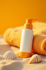 A bottle of sunscreen sitting on top of a towel, ready for use