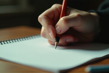 A person writes with a pen on a piece of paper