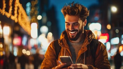 A young well dressed man standing on a lively city street at night using his smartphone and appearing engaged and happy