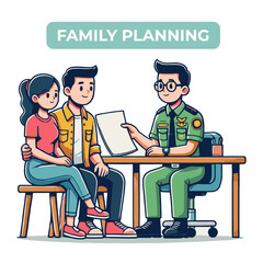 Family Planning Consultation Doctor Advising Couple At Desk In Office Cartoon Style Illustration